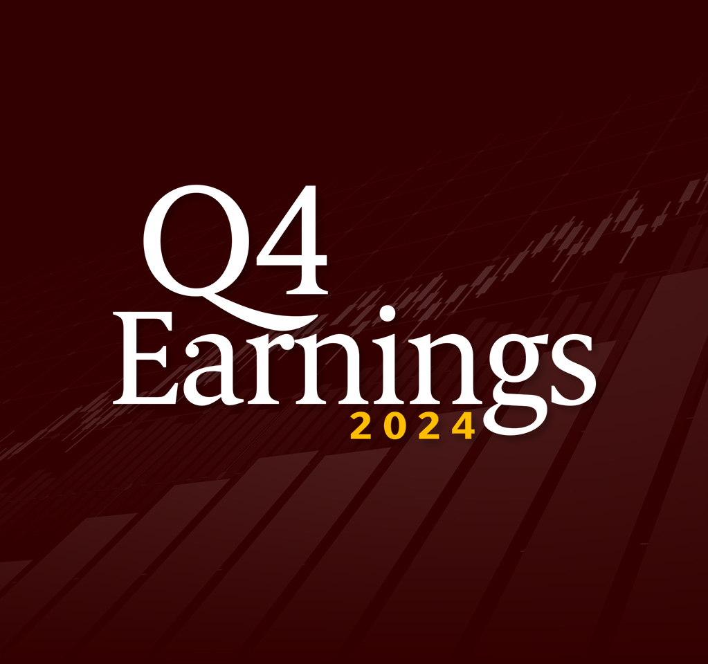 ‘Q4 Earnings 2024’ on a brown background with stock market chart graphics