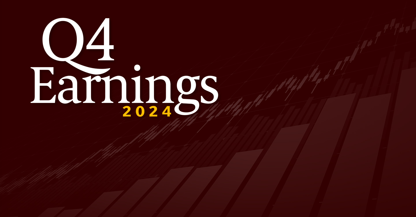 "Q4 Earnings 2024" on a brown background with stock market chart graphics