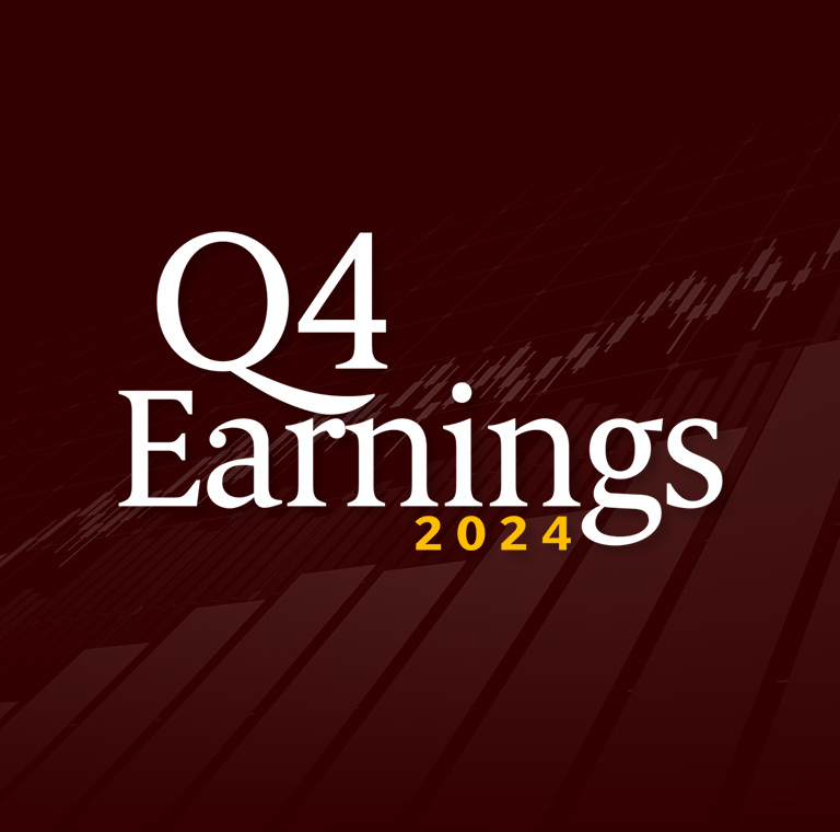 "Q4 Earnings 2024" on a brown background with stock market chart graphics