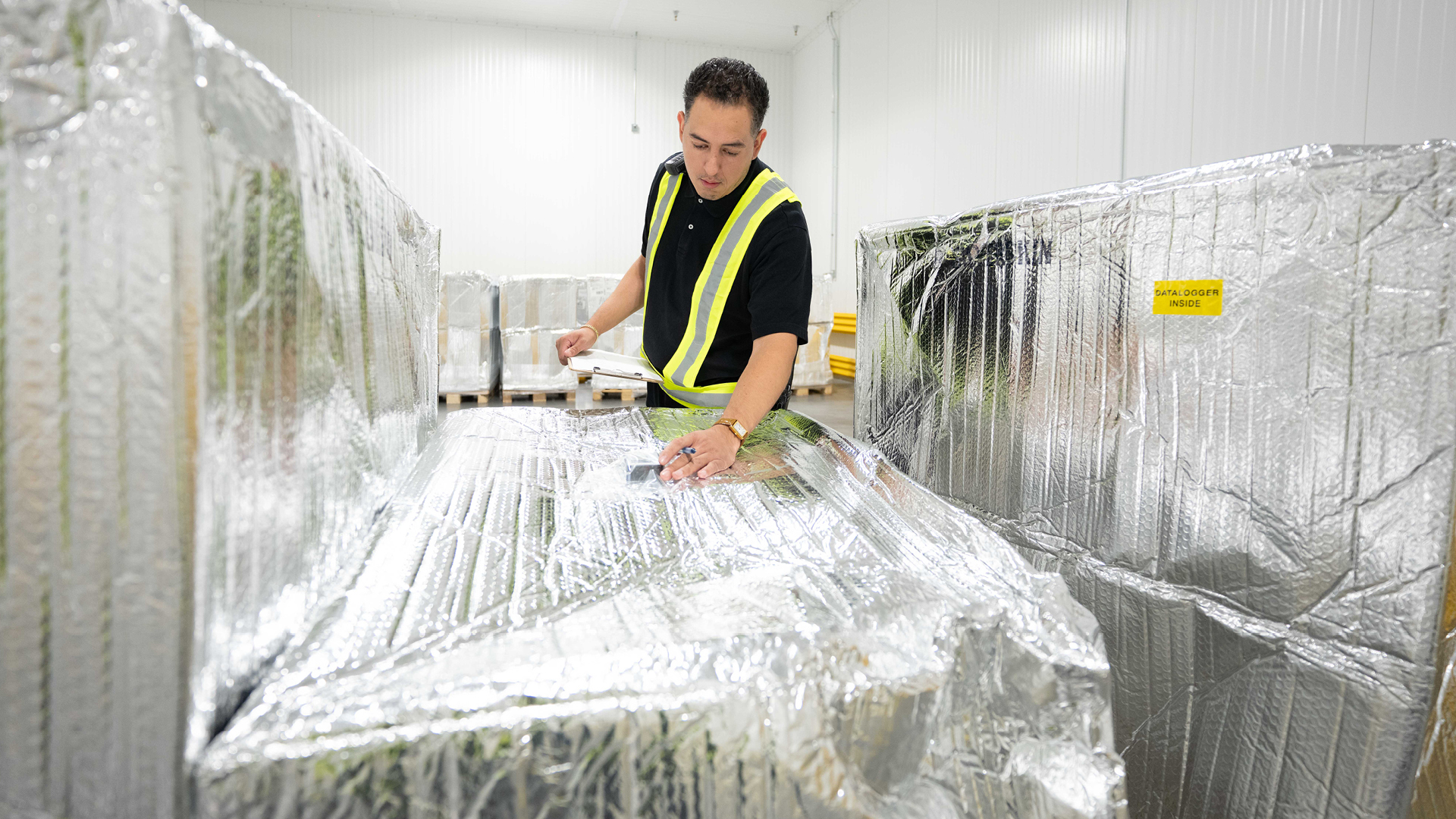 Man checks label on temperature controlled freight shipment