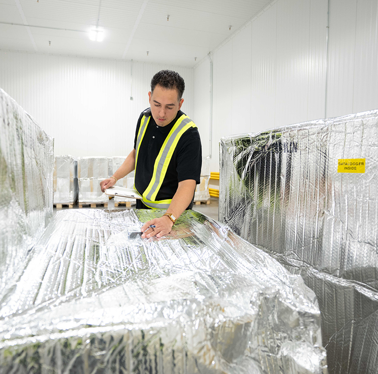 Man checks label on temperature controlled freight shipment