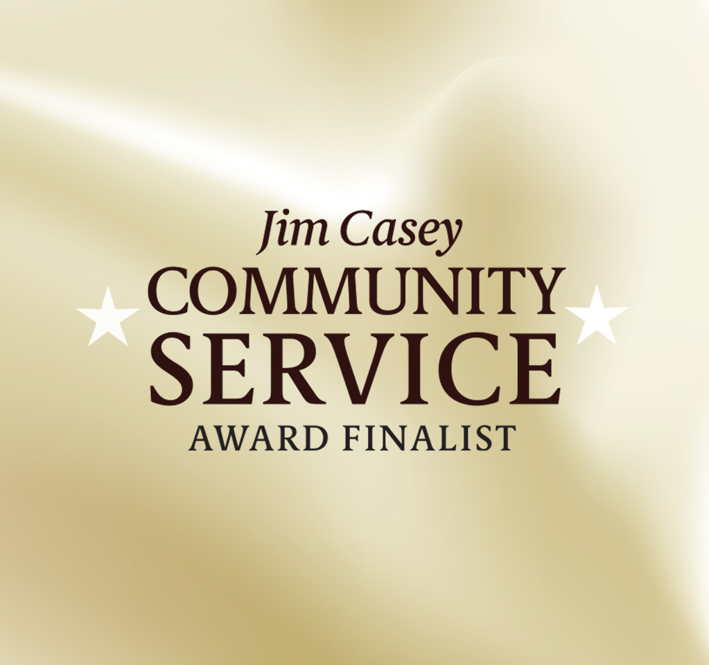 Jim Casey Community Service Award Finalist’ with stars on a gold background.