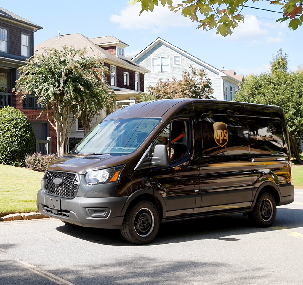 UPS delivery van parked in suburban neighborhood