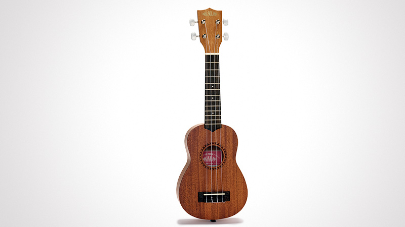 A compact wooden ukulele featuring a natural finish and traditional four-string setup. The instrument is displayed against a clean white background, emphasizing its craftsmanship and simplicity.