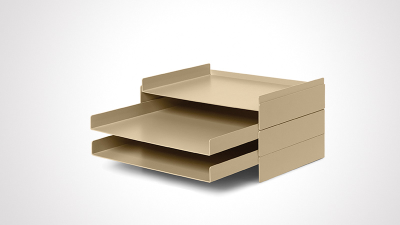 A sleek beige document organizer featuring three tiers for efficient storage. The minimalist design is ideal for office or home settings, providing a clean and organized workspace. Neutral tones complement various decor styles, enhancing functionality and aesthetics.