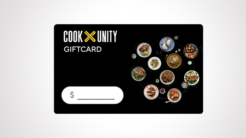 A CookUnity gift card featuring a variety of plated dishes against a black background. The dishes include diverse cuisines and vibrant ingredients, showcasing an array of meal options. The card design includes the text 'CookUnity Giftcard' and a blank space for the dollar amount.