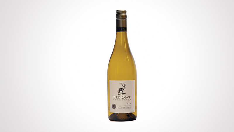 A bottle of Elk Cove Pinot Gris wine is displayed against a plain white background. The label features a deer logo and text detailing the wine type. The bottle has a golden-yellow hue, with a sleek and elegant design.