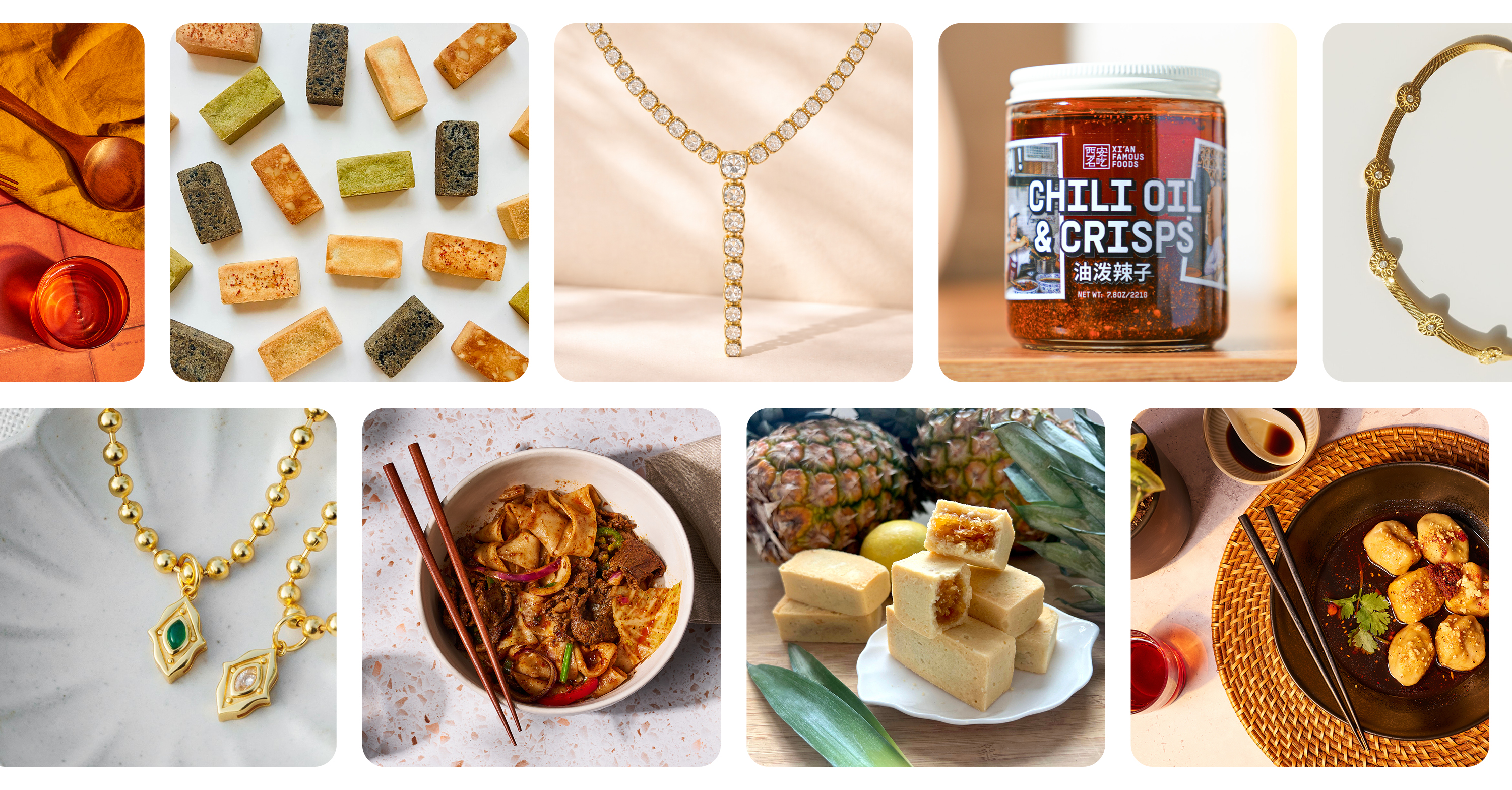 Assorted gourmet foods and elegant jewelry collection