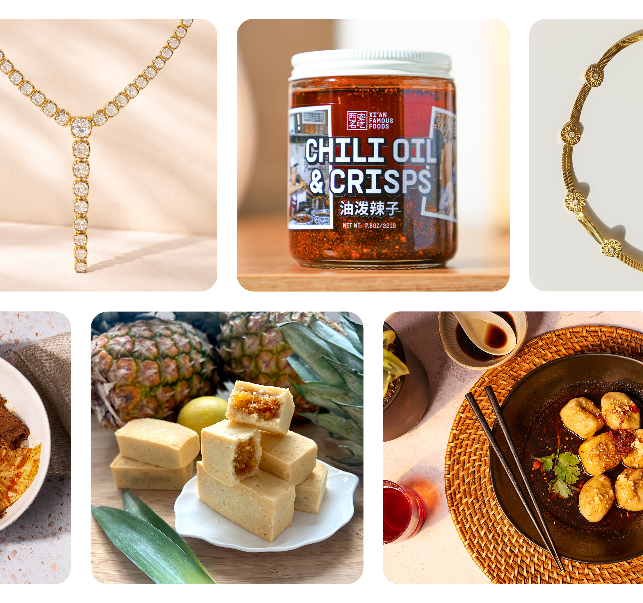 Assorted gourmet foods and elegant jewelry collection