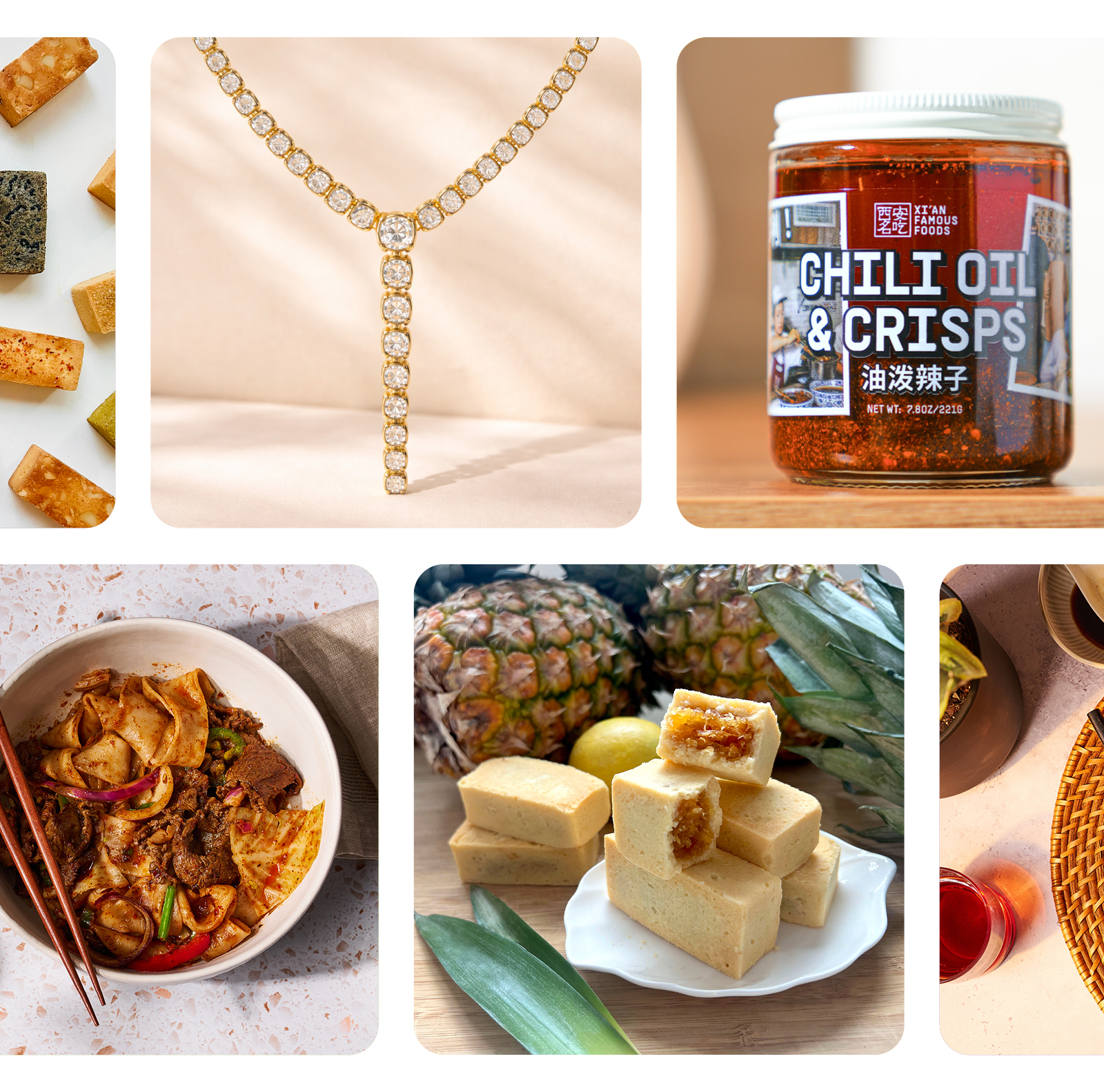 Assorted gourmet foods and elegant jewelry collection