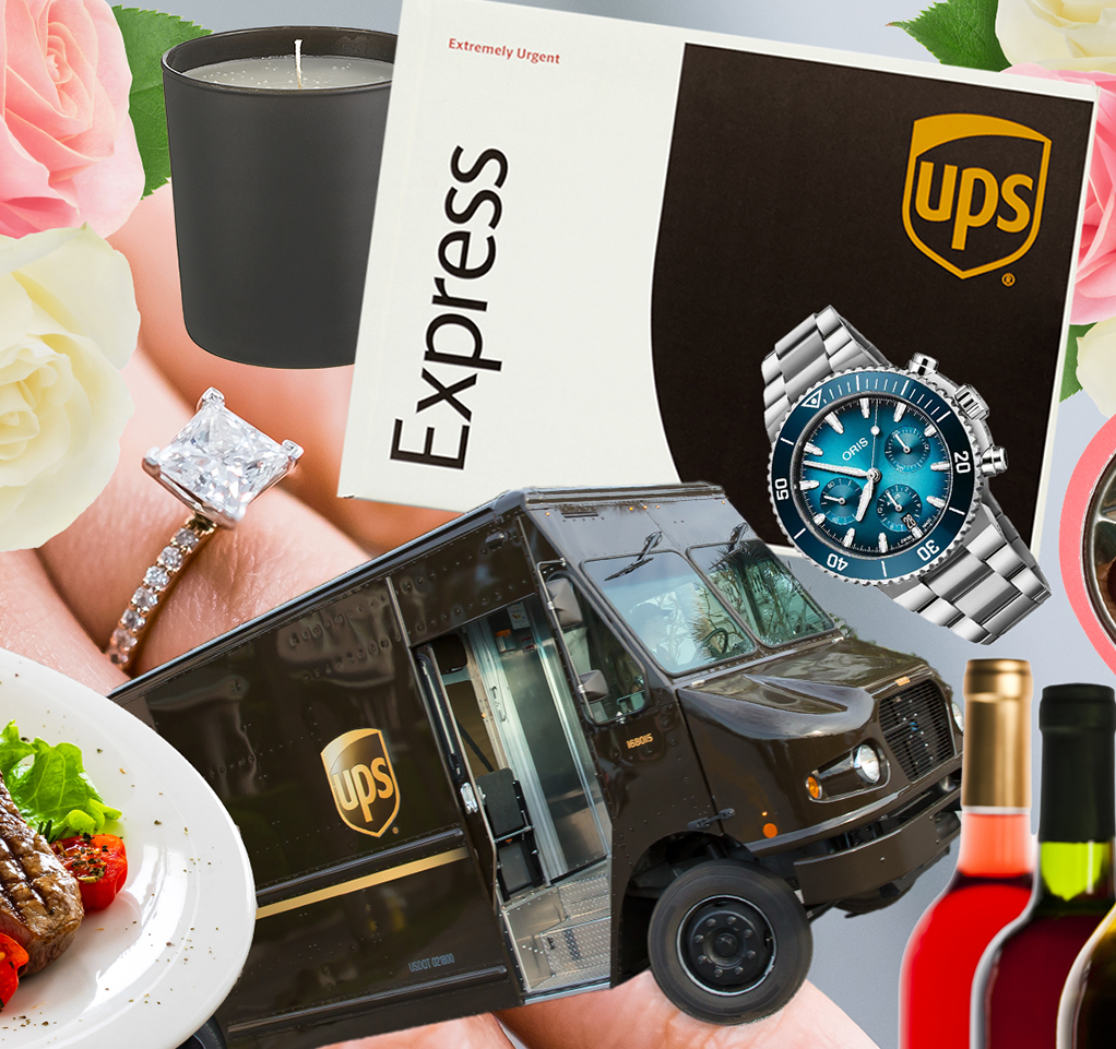 A collage of Valentine’s Day products from businesses that ship UPS, including wine bottles, chocolates, flowers and more.