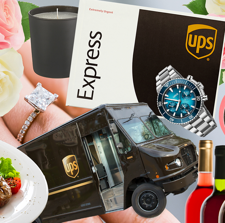 A collage of Valentine’s Day products from businesses that ship UPS, including wine bottles, chocolates, flowers and more.