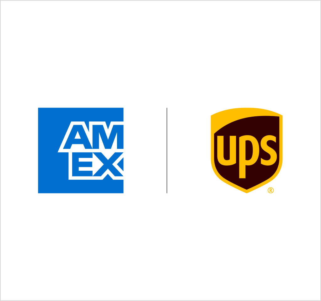 AMEX blue and white and UPS corporate logos