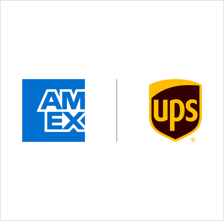 AMEX blue and white and UPS corporate logos