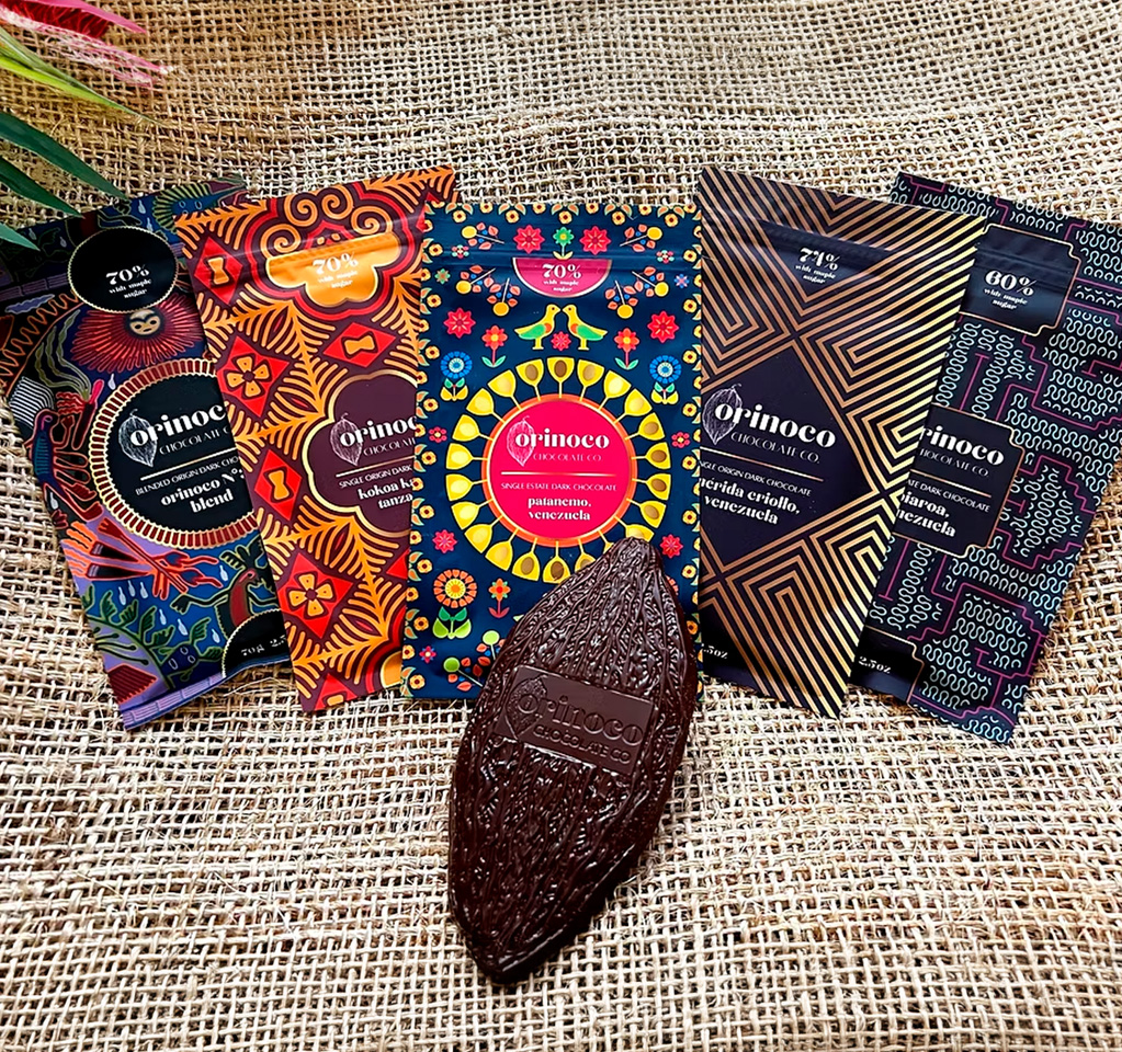 Colorful artisanal chocolate bars on burlap