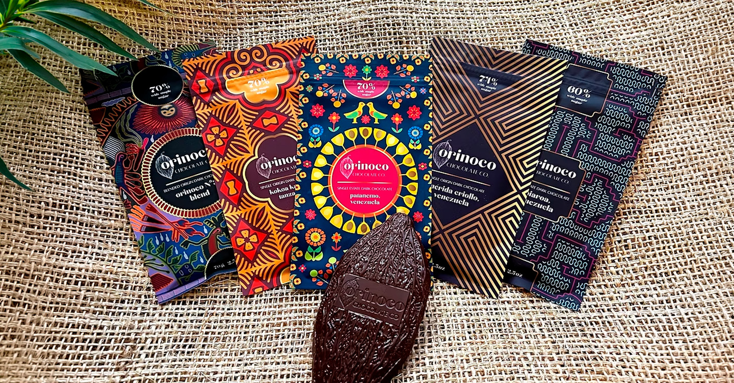 Colorful artisanal chocolate bars on burlap