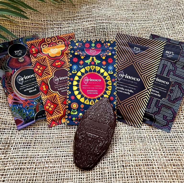 Colorful artisanal chocolate bars on burlap