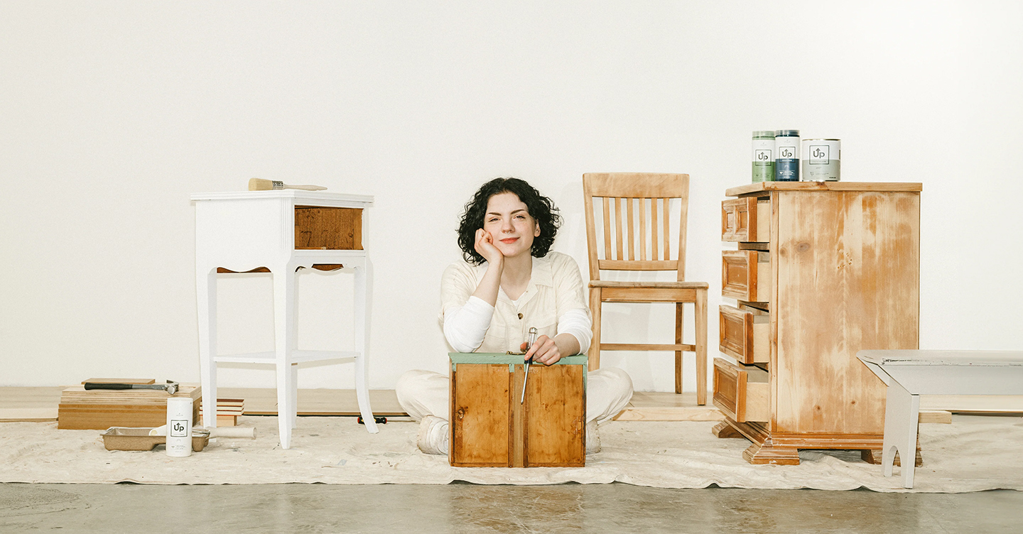 Furniture restoration with wooden pieces and tools