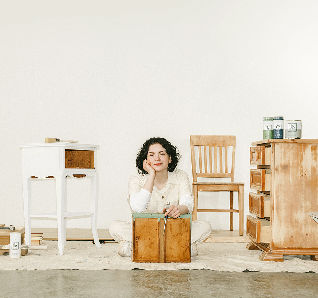 Furniture restoration with wooden pieces and tools