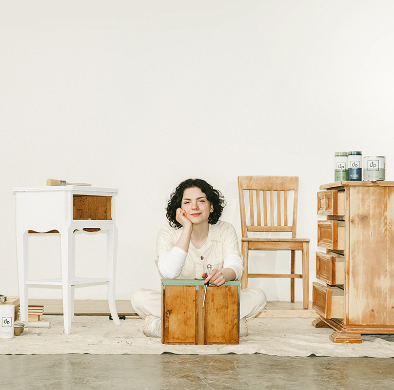 Furniture restoration with wooden pieces and tools