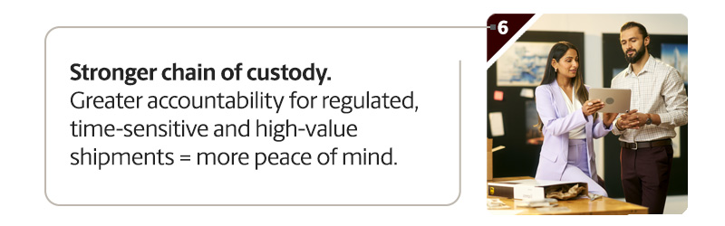 Stronger chain of custody. Greater accountability for regulated, time-sensitive and high-valure shipments equals more peace of mind.