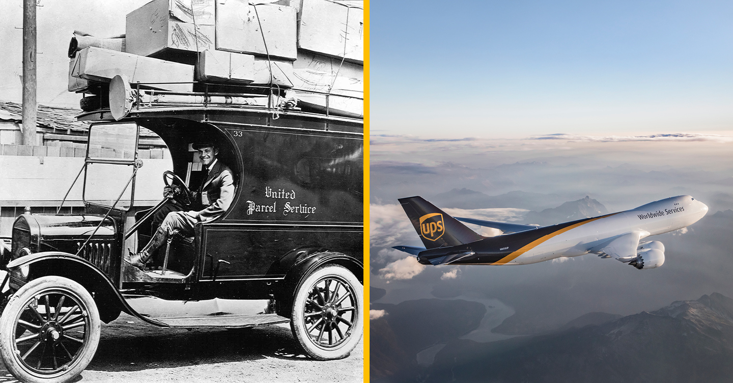 Camión antiguo de UPS y avión de carga moderno