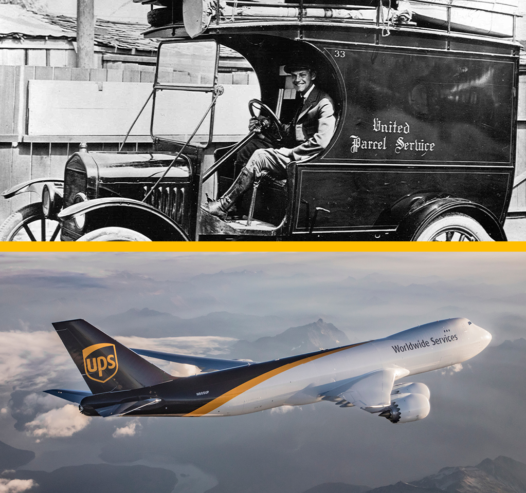 Camión antiguo de UPS y avión de carga moderno