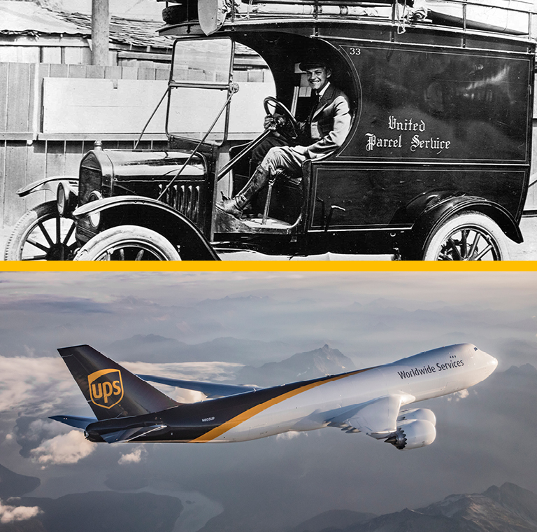 Camión antiguo de UPS y avión de carga moderno