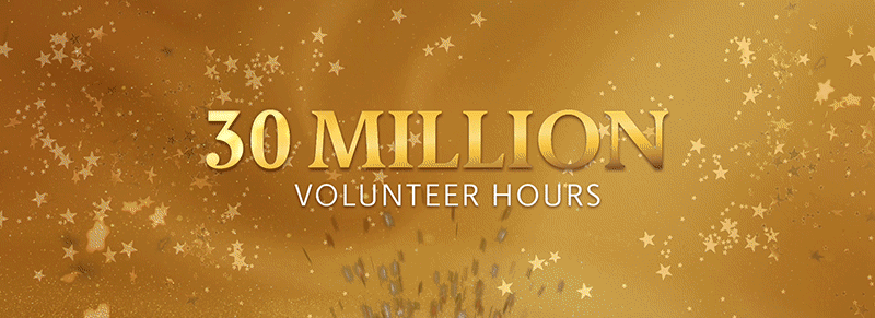 animation of golden confetti falling on text that reads 30 millions volunteer hours