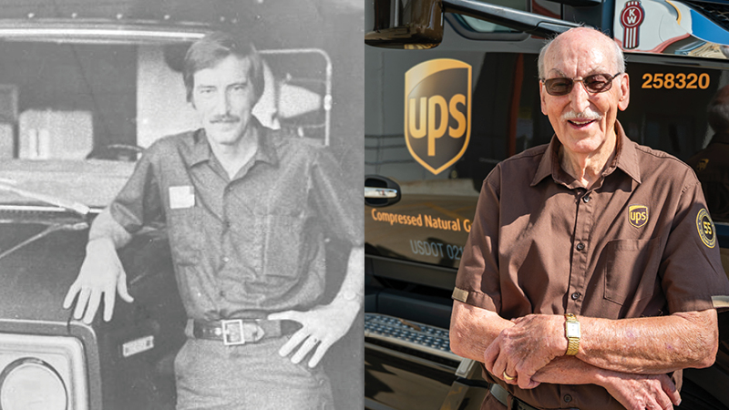 Two images of Cleve in uniform standing next to his work vehicle. The left image is from his early days at UPS and features a vintage black-and-white setting while the right image shows him in modern uniform next to a modern Feeder.